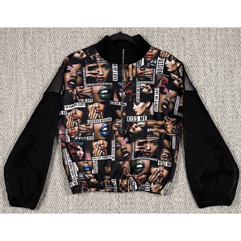 Graphic Mesh Jacket Women L Y2K Pop Art Faces Zip Crop Streetwear Love Highlight